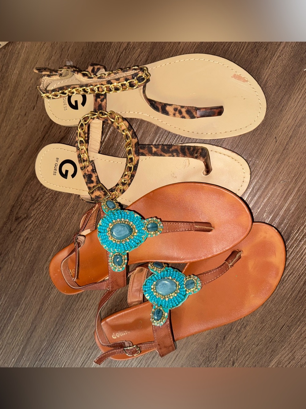 Bundle of two Guess Women's Leopard Print and Turquoise Beaded Sandals